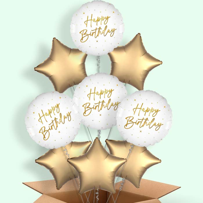 White and Gold Happy Birthday Helium Balloons Delivered - 9 Balloons | Party Save Smile