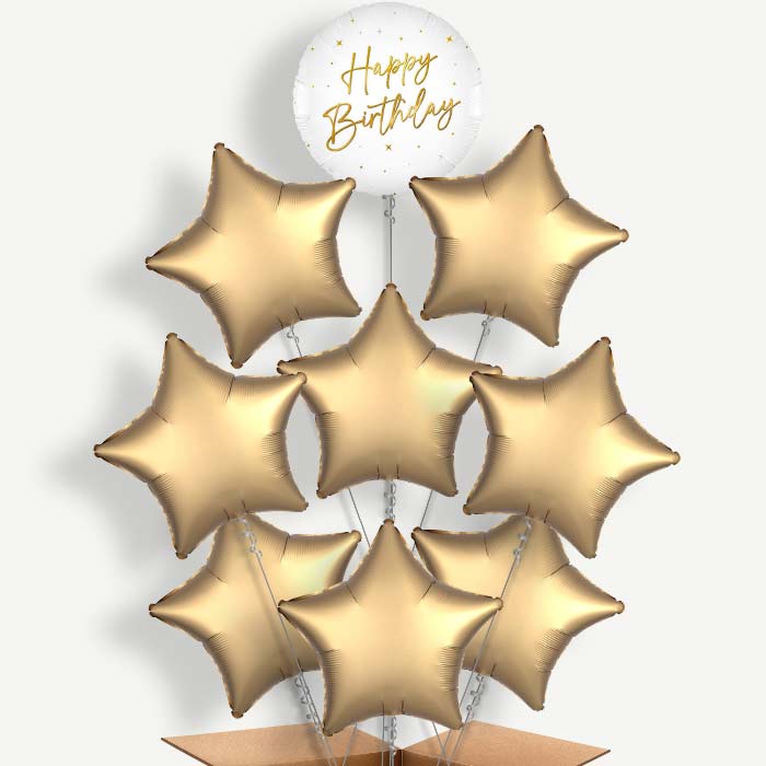 White and Gold Happy Birthday 9 Helium Balloon Bundle | Party Save Smile