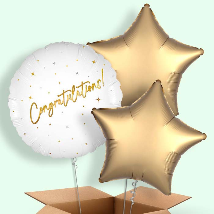 White and Gold Congratulations Helium Balloons Delivered - 3 Balloons | Party Save Smile