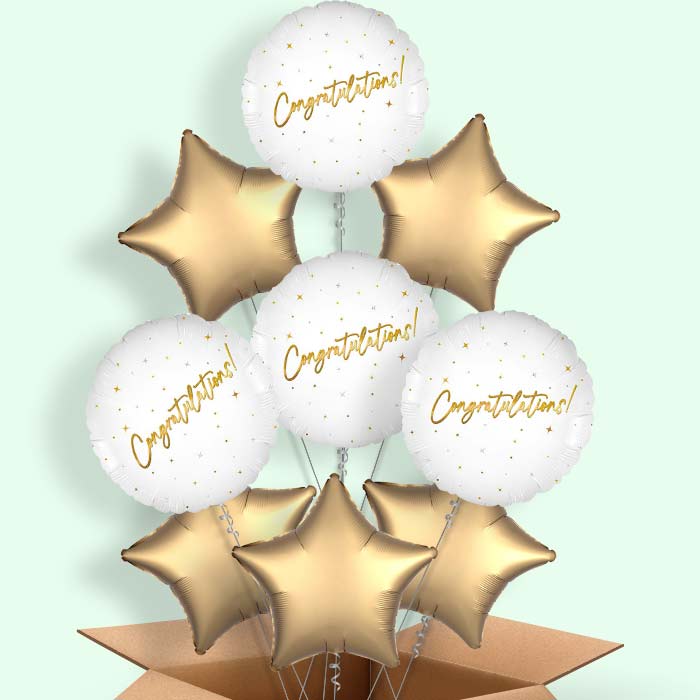 White and Gold Congratulations Helium Balloons Delivered - 9 Balloons | Party Save Smile