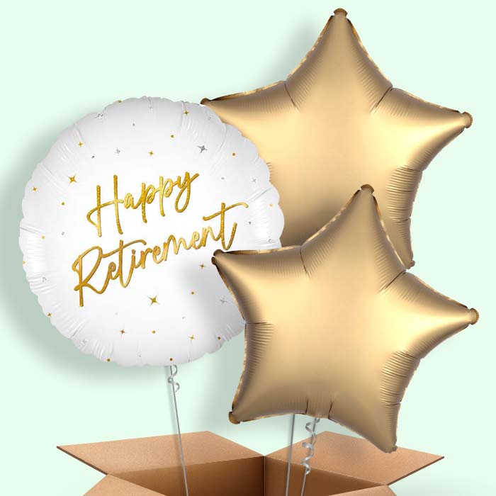 White and Gold Happy Retirement Helium Balloons Delivered - 3 Balloons | Party Save Smile