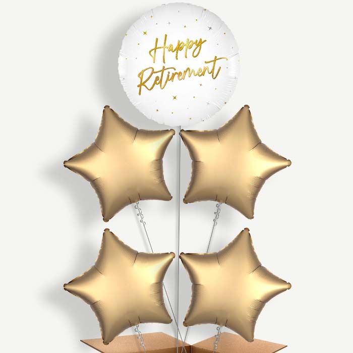 White and Gold Happy Retirement 5 Helium Cluster Balloons | Party Save Smile