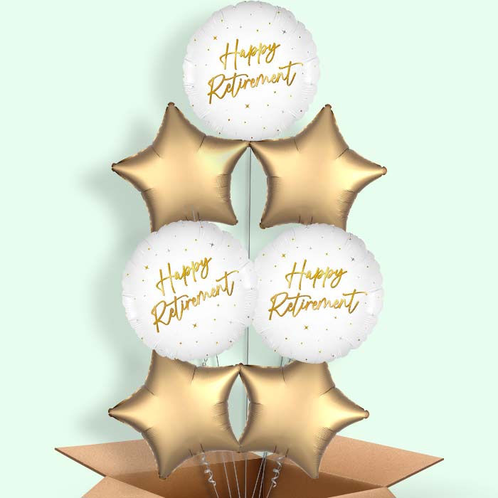 White and Gold Happy Retirement Helium Balloons Delivered - 7 Balloons | Party Save Smile