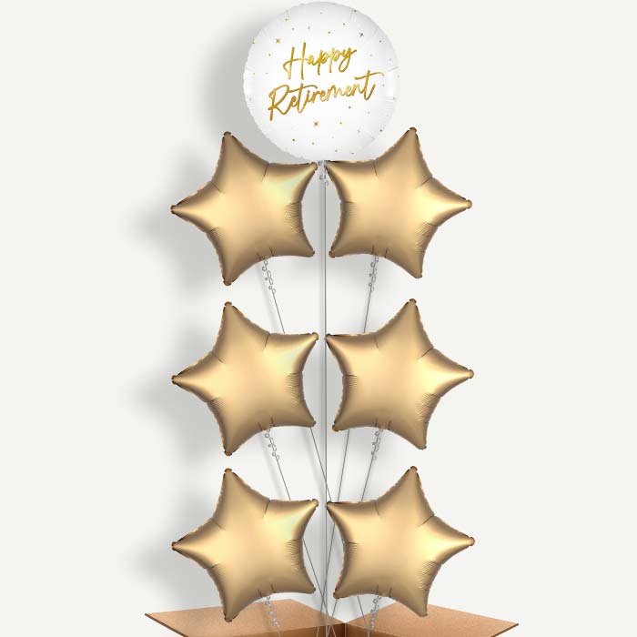 White and Gold Happy Retirement 7 Helium Balloon Arrangement | Party Save Smile