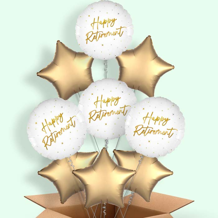 White and Gold Happy Retirement Helium Balloons Delivered - 9 Balloons | Party Save Smile