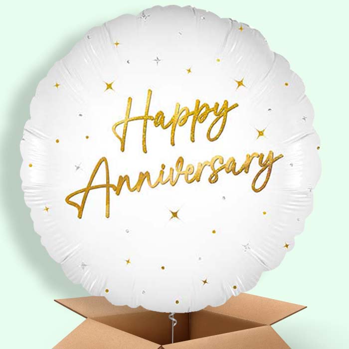 White and Gold Happy Anniversary Helium Balloons Delivered - 1 Balloon | Party Save Smile
