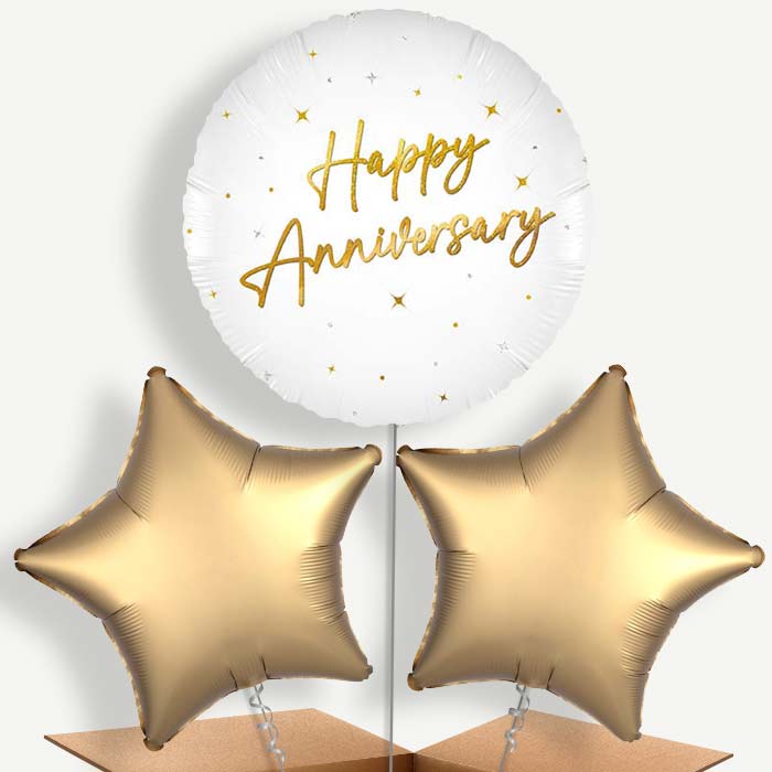 White and Gold Happy Anniversary Bunch of Balloons (Trio) | Party Save Smile
