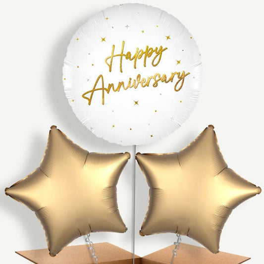 White and Gold Happy Anniversary Bunch of Balloons (Trio) | Party Save Smile