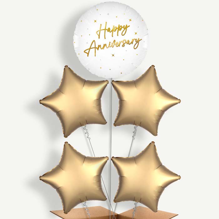White and Gold Happy Anniversary 5 Helium Cluster Balloons | Party Save Smile