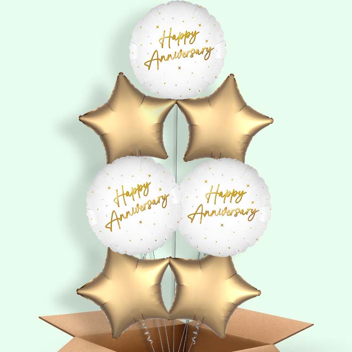 White and Gold Happy Anniversary Helium Balloons Delivered - 7 Balloons | Party Save Smile