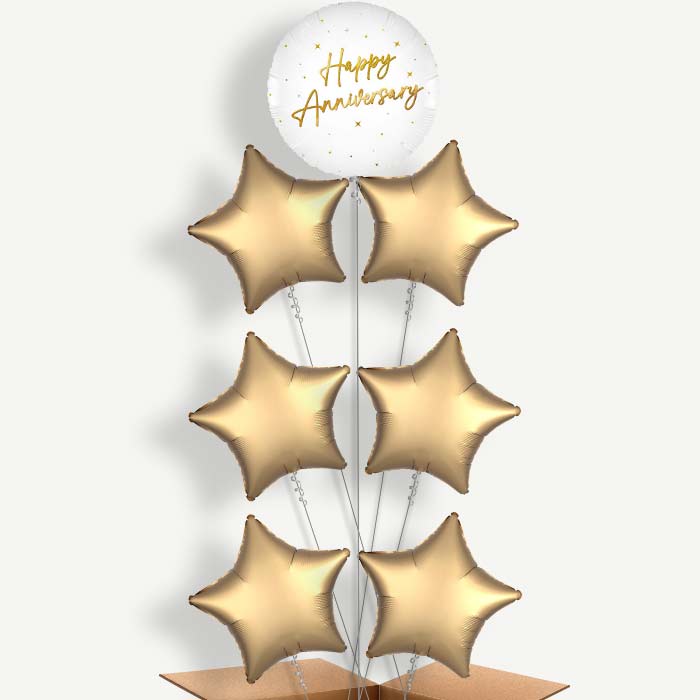 White and Gold Happy Anniversary 7 Helium Balloon Arrangement | Party Save Smile