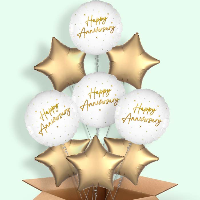 White and Gold Happy Anniversary Helium Balloons Delivered - 9 Balloons | Party Save Smile