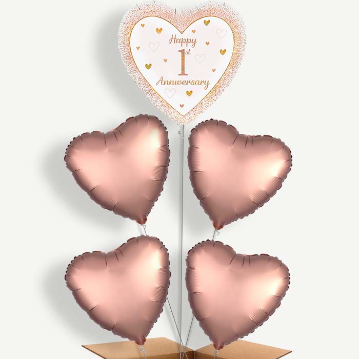 Rose Gold Happy 1st Anniversary Helium Cluster Balloons | Party Save Smile