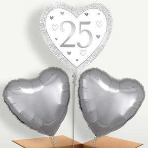 Silver Happy 25th Anniversary Heart Helium Bunch of Balloons (Trio)