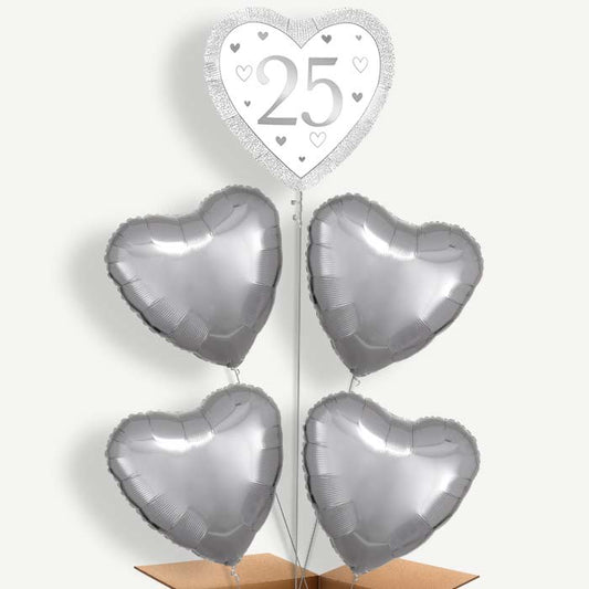 Silver Happy 25th Anniversary Heart Helium Balloon Cluster  | Party Save Smile