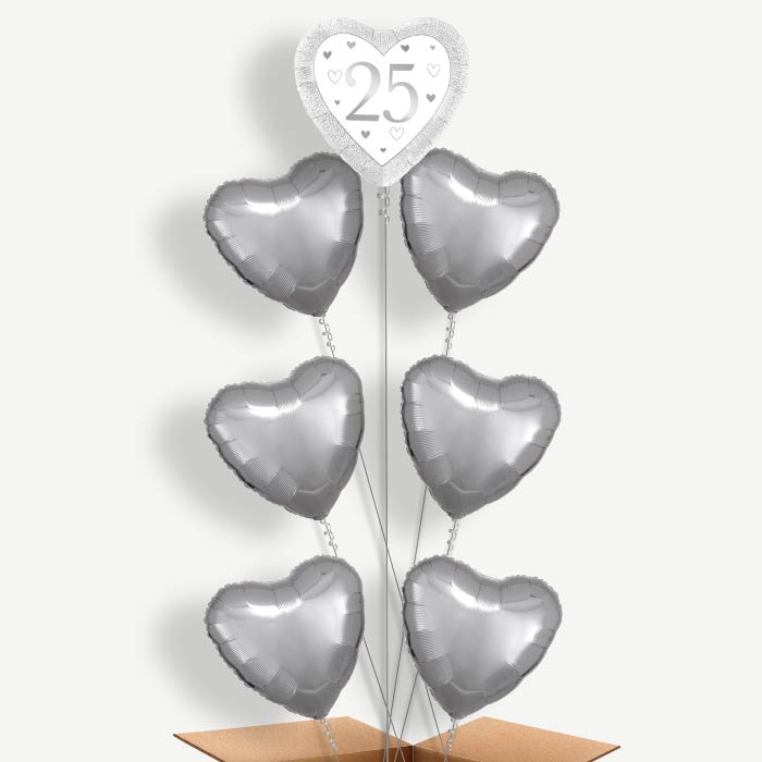 Silver Happy 25th Anniversary Heart Balloon Arrangement | Party Save Smile