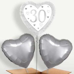 Silver Happy 30th Anniversary Heart Helium Bunch of Balloons (Trio)