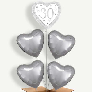 Silver Happy 30th Anniversary Heart 5 Helium Balloon Cluster