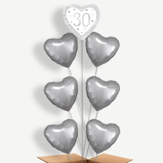 Silver Happy 30th Anniversary Heart Balloon Arrangement | Party Save Smile