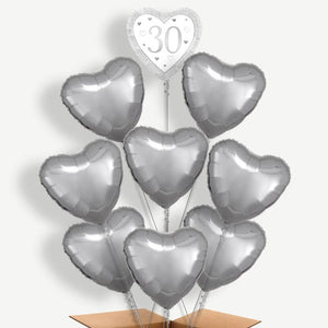 Silver Happy 30th Anniversary Heart 9 Helium Balloon Bundle