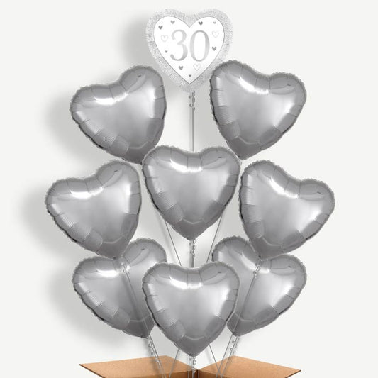 Silver Happy 30th Anniversary Heart Helium Balloon Bundle | Party Save Smile