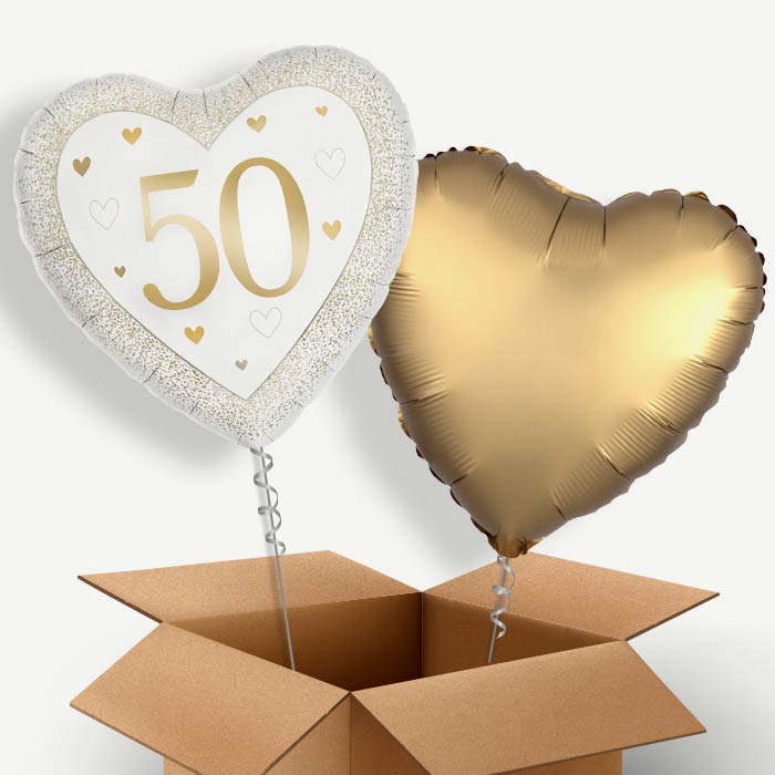 Gold Happy 50th Anniversary Heart Helium Balloon Duo | Party Save Smile