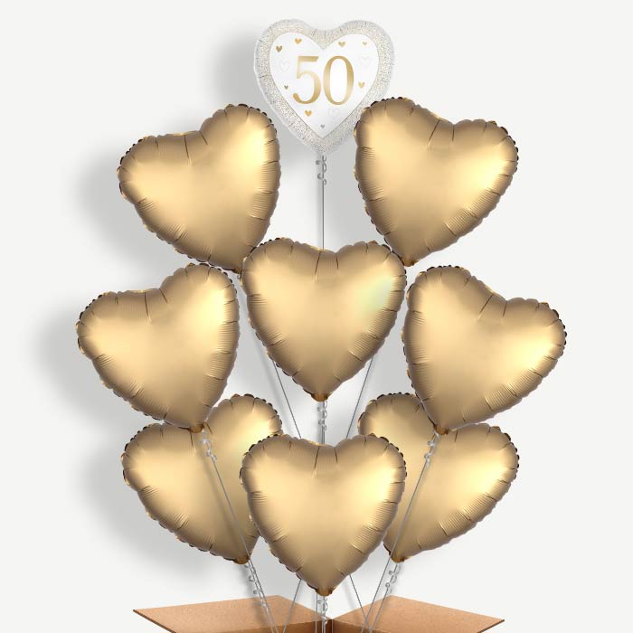 Gold Happy 50th Anniversary Heart Helium Balloon Bundle | Party Save Smile