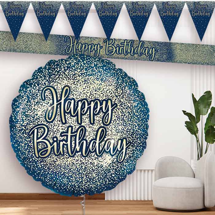 Navy and Gold Happy Birthday Banners and Balloon