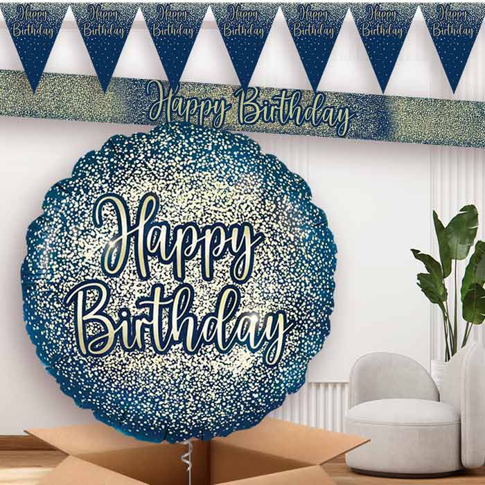 Navy and Gold Happy Birthday Banners and Balloon | Party Save Smile