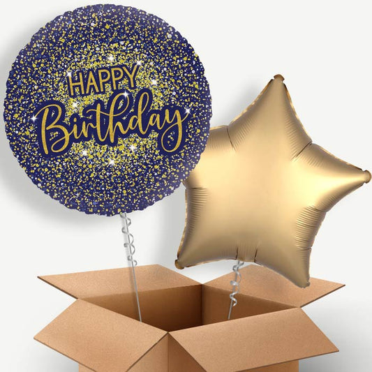Navy Blue & Gold Glitter Birthday Helium Balloon Pair | Party Save Smile