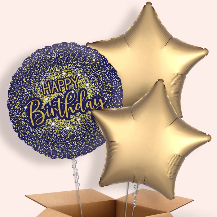 Navy Blue & Gold Glitter Birthday Helium Balloon in a Box - 3 Balloons | Party Save Smile