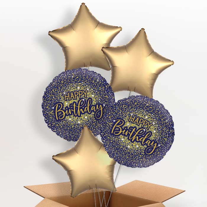 Navy Blue & Gold Glitter Birthday Helium Balloon in a Box - 5 Balloons | Party Save Smile
