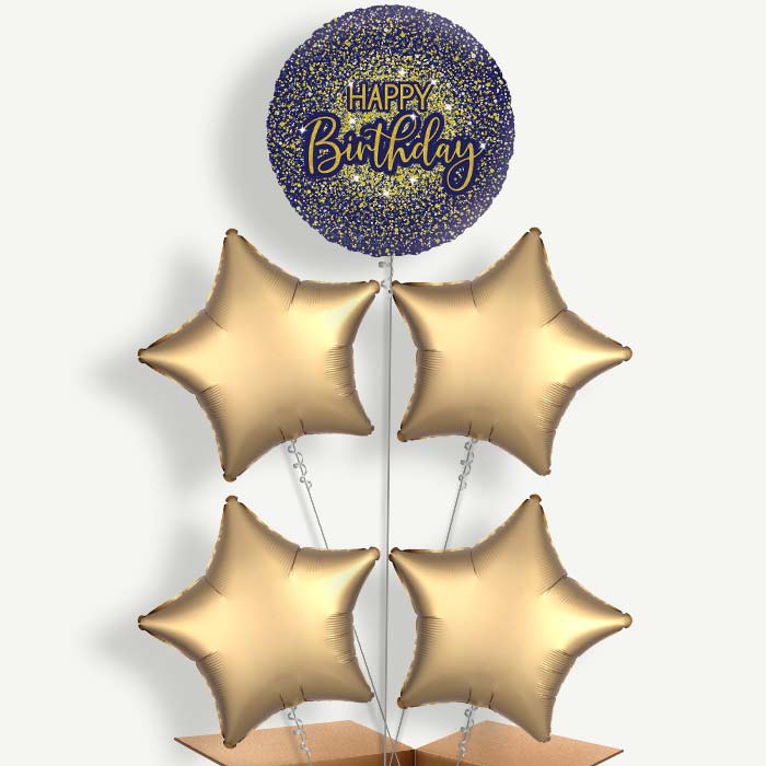 Navy Blue & Gold Glitter Birthday Helium Cluster Balloons | Party Save Smile