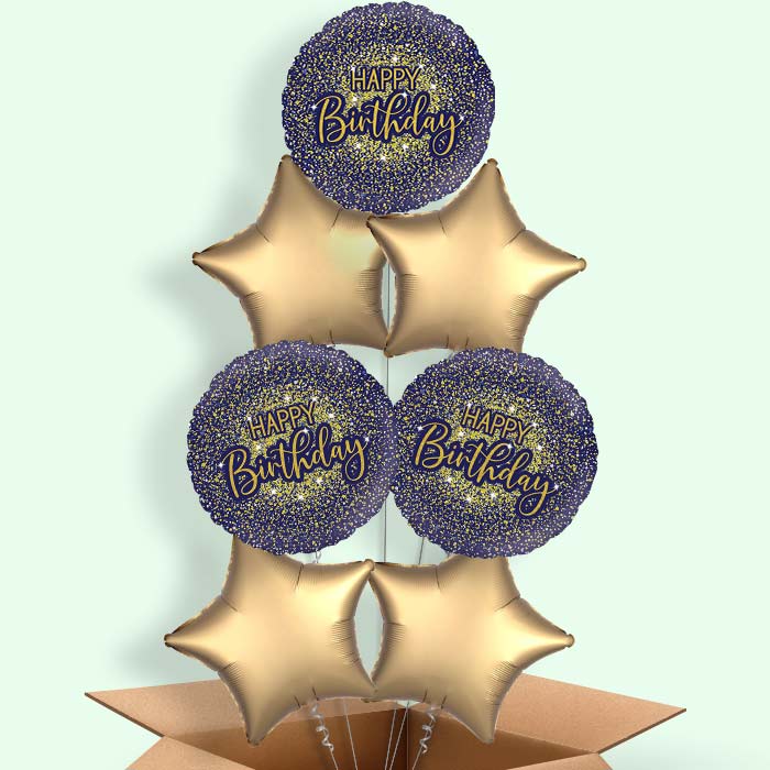 Navy Blue & Gold Glitter Birthday Helium Balloon in a Box - 7 Balloons | Party Save Smile