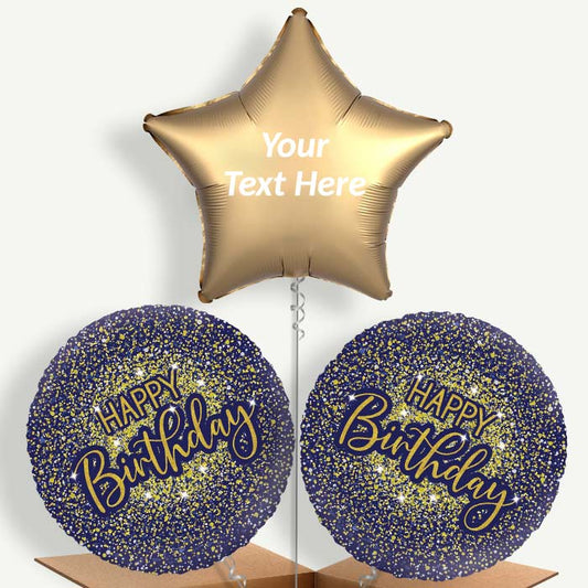 Personalisable Navy Blue & Gold Glitter Birthday Helium Balloons | Party Save Smile