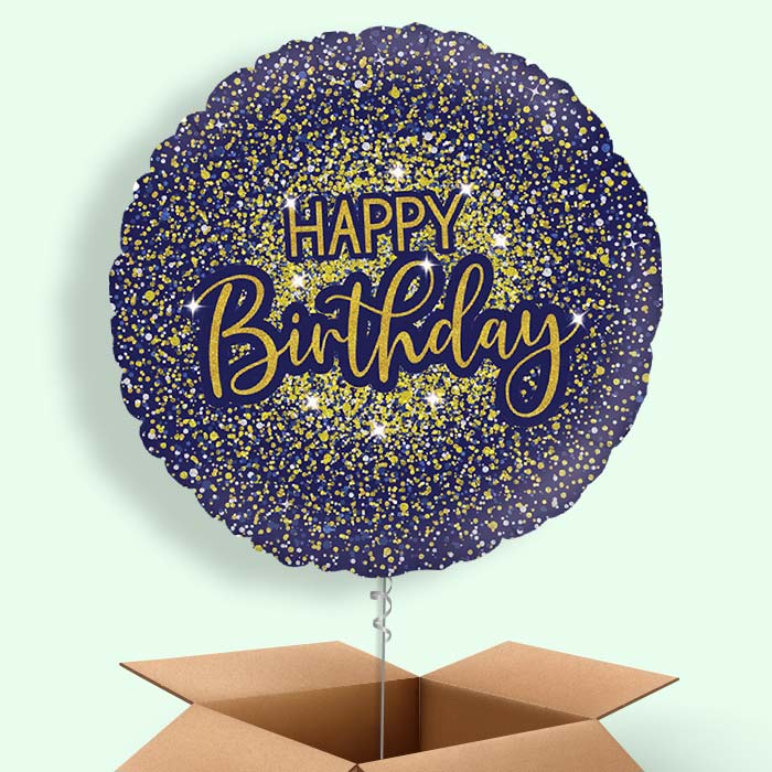 Navy Blue & Gold Glitter Birthday Helium Balloon in a Box - 1 Balloon | Party Save Smile