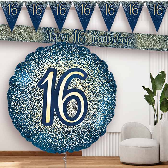 Navy and Gold 16th Balloon and Banners