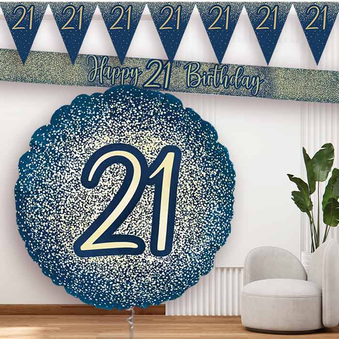 Navy and Gold 21st Banners and Balloon