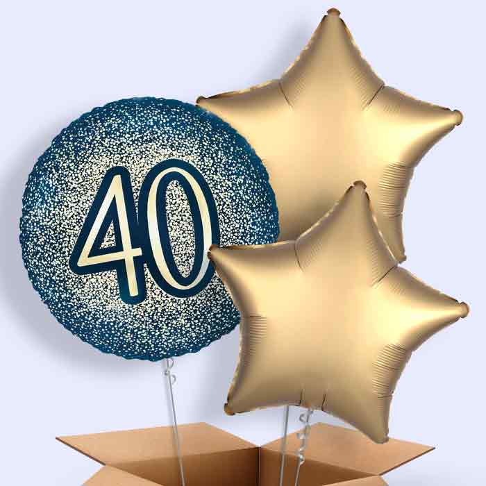 Navy and Gold 40th Birthday Helium Balloon in a Box - 3 Balloon | Party Save Smile