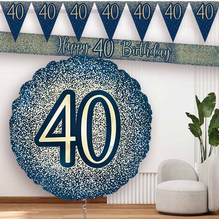 Navy and Gold 40th Birthday Banners and Balloon - Party Save Smile