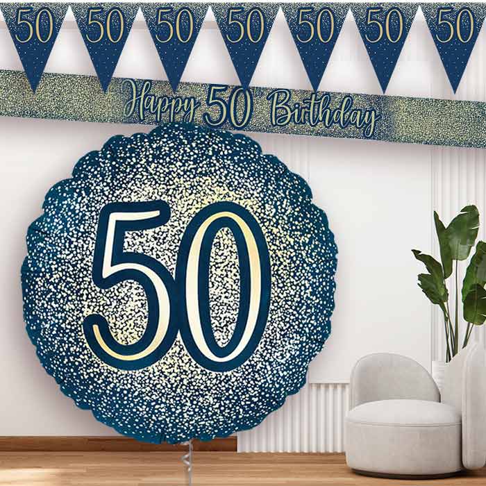 Navy and Gold 50th Birthday Balloon and Banners