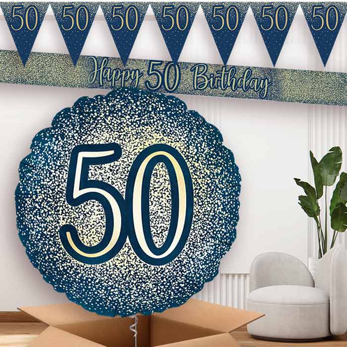 Navy and Gold 50th Birthday Balloon and Banners | Party Save Smile