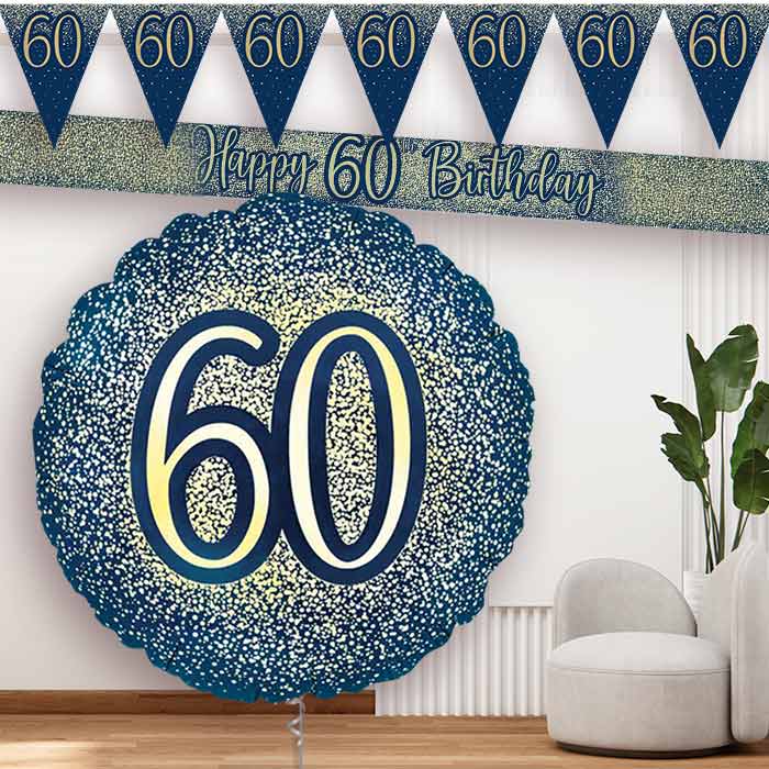 Navy and Gold 60th Birthday Banners and Balloon