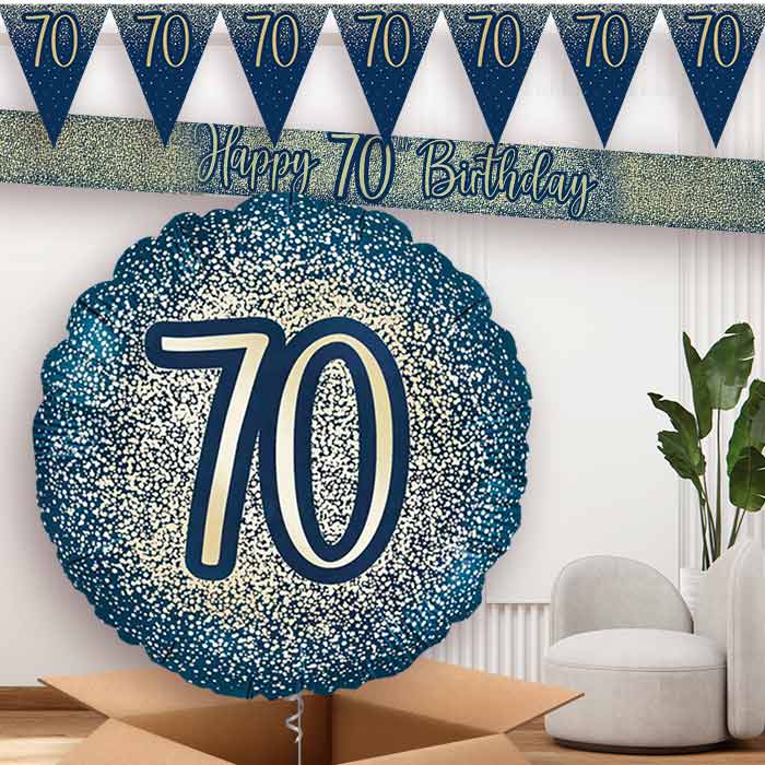 Navy and Gold 70th Balloon and Banners | Party Save Smile