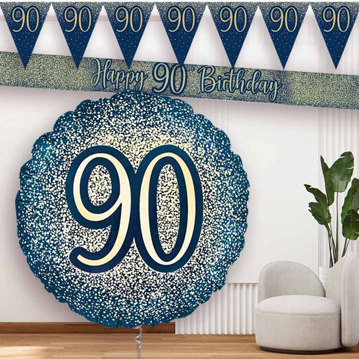 Navy and Gold 90th Birthday Banners and Balloon