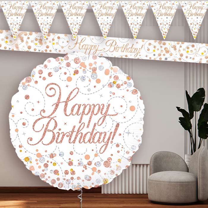 Rose Gold and White Birthday Balloon and Banners - Party Save Smile