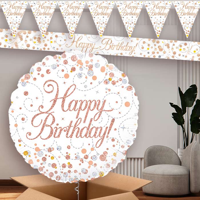 Rose Gold and White Birthday Balloon and Banners | Party Save Smile