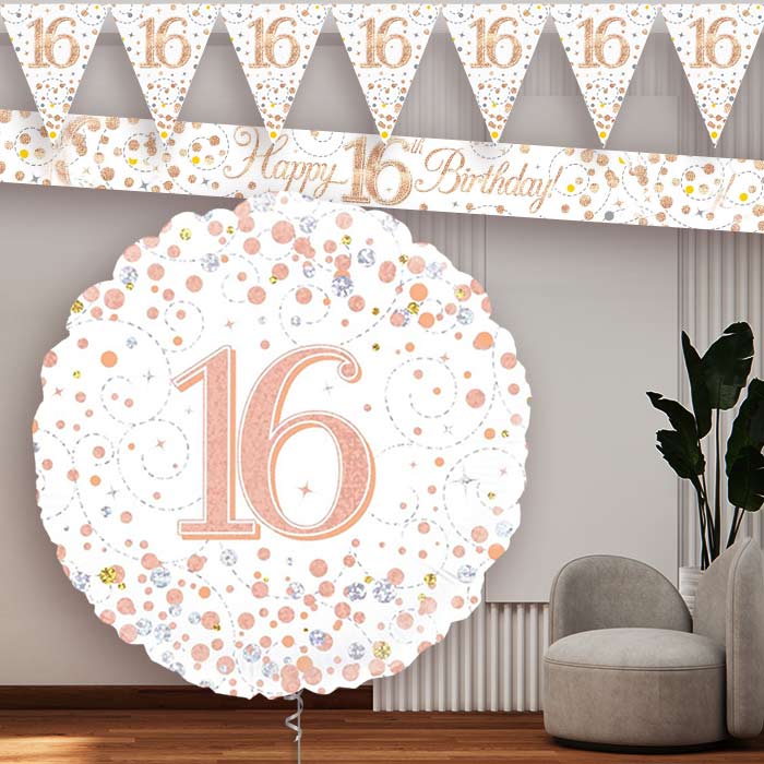 Rose Gold and White 16th Balloon and Banners - Party Save Smile