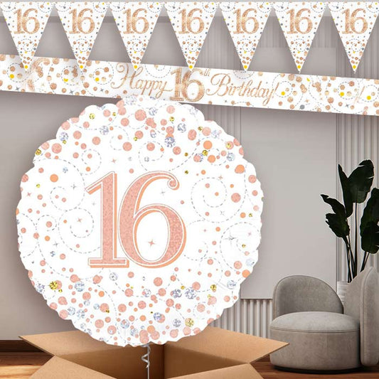 Rose Gold and White 16th Balloon and Banners | Party Save Smile