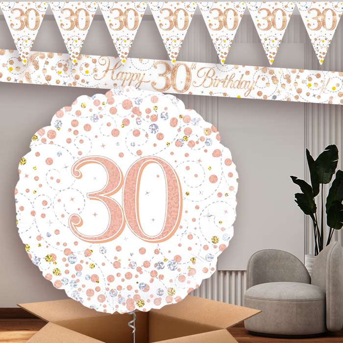 Rose Gold and White 30th Banners and Balloon | Party Save Smile